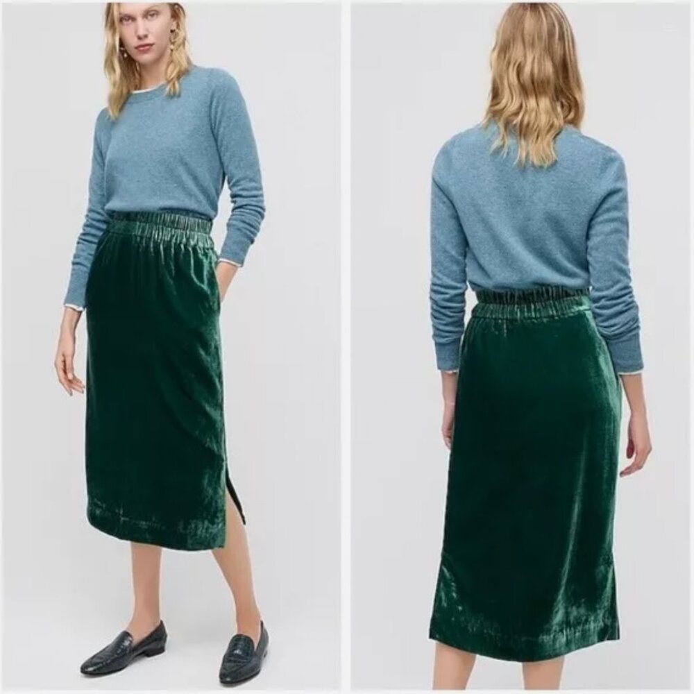 J Crew Green Velvet Midi Skirt Sz S NWOT